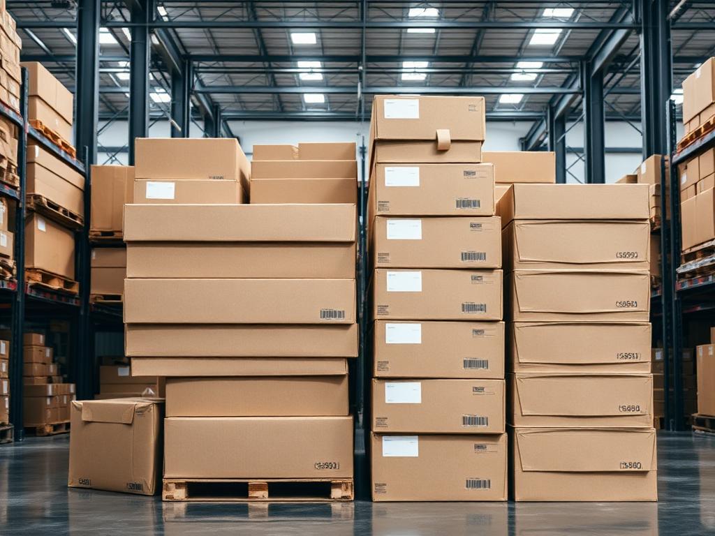 Stacked corrugated shipping cartons in a warehouse